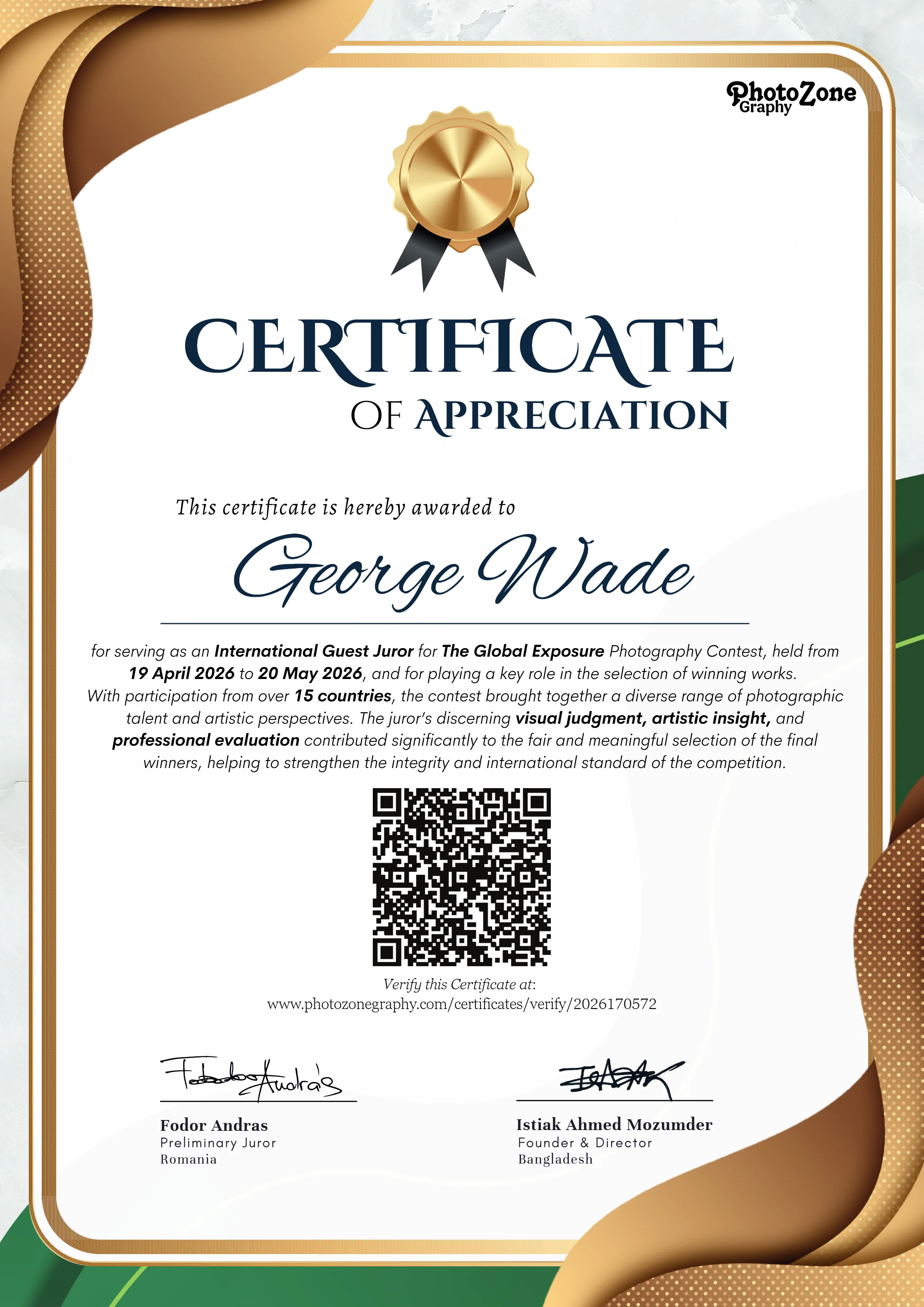 International Guest Juror George Wade, from Canada certificate of appreciation for contribution to PhotoZone Graphy