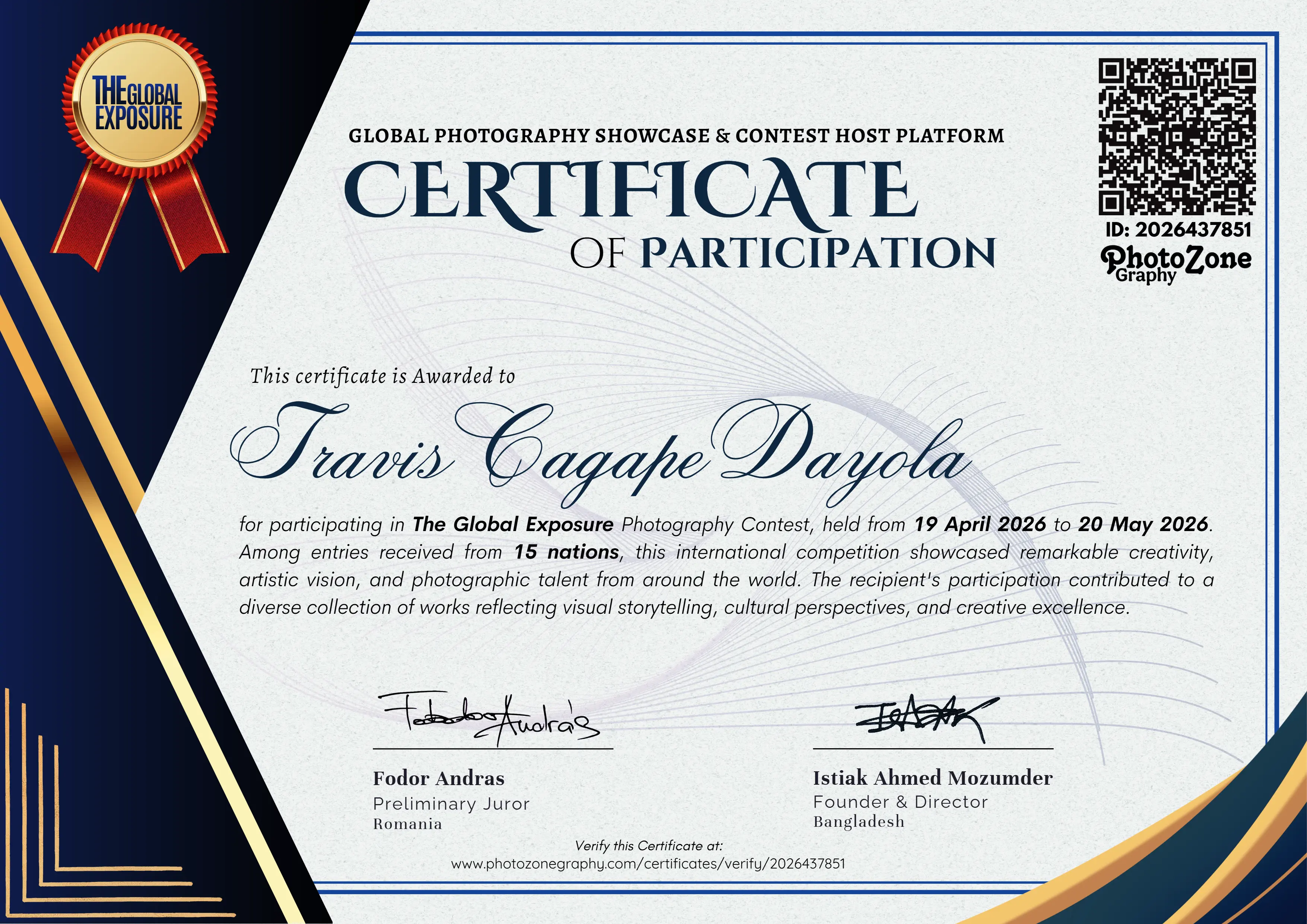 Participation certifciate for Travis Cagape Dayola from Philippines for participating in the Global Exposure Photography contest, hosted by PhotoZone Graphy
