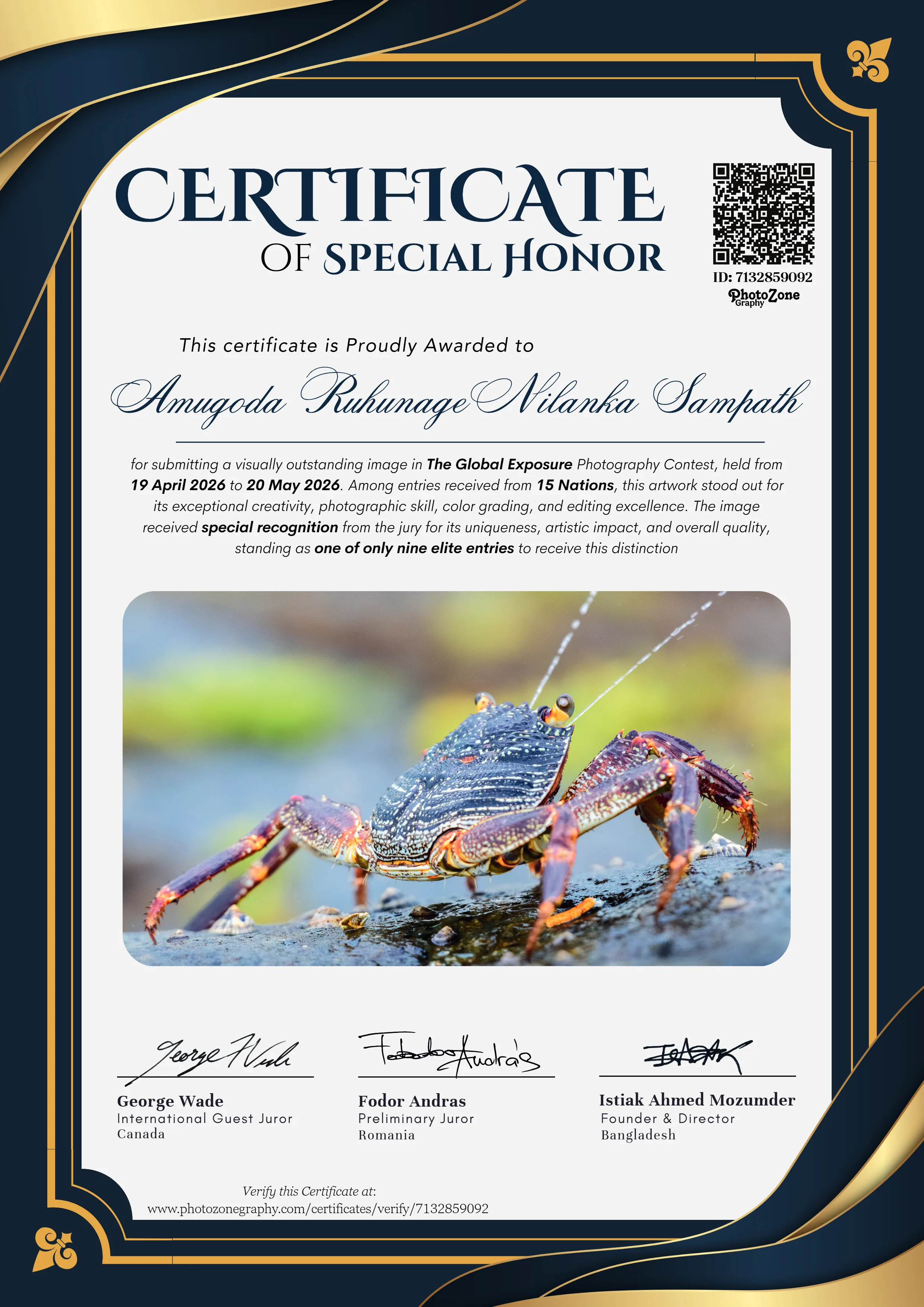 Certificate of Special Honor for Amugoda Ruhunage Nilanka Sampath, from Sri Lanka for best images in the Global Exposure Photography contest, hosted by PhotoZone Graphy 